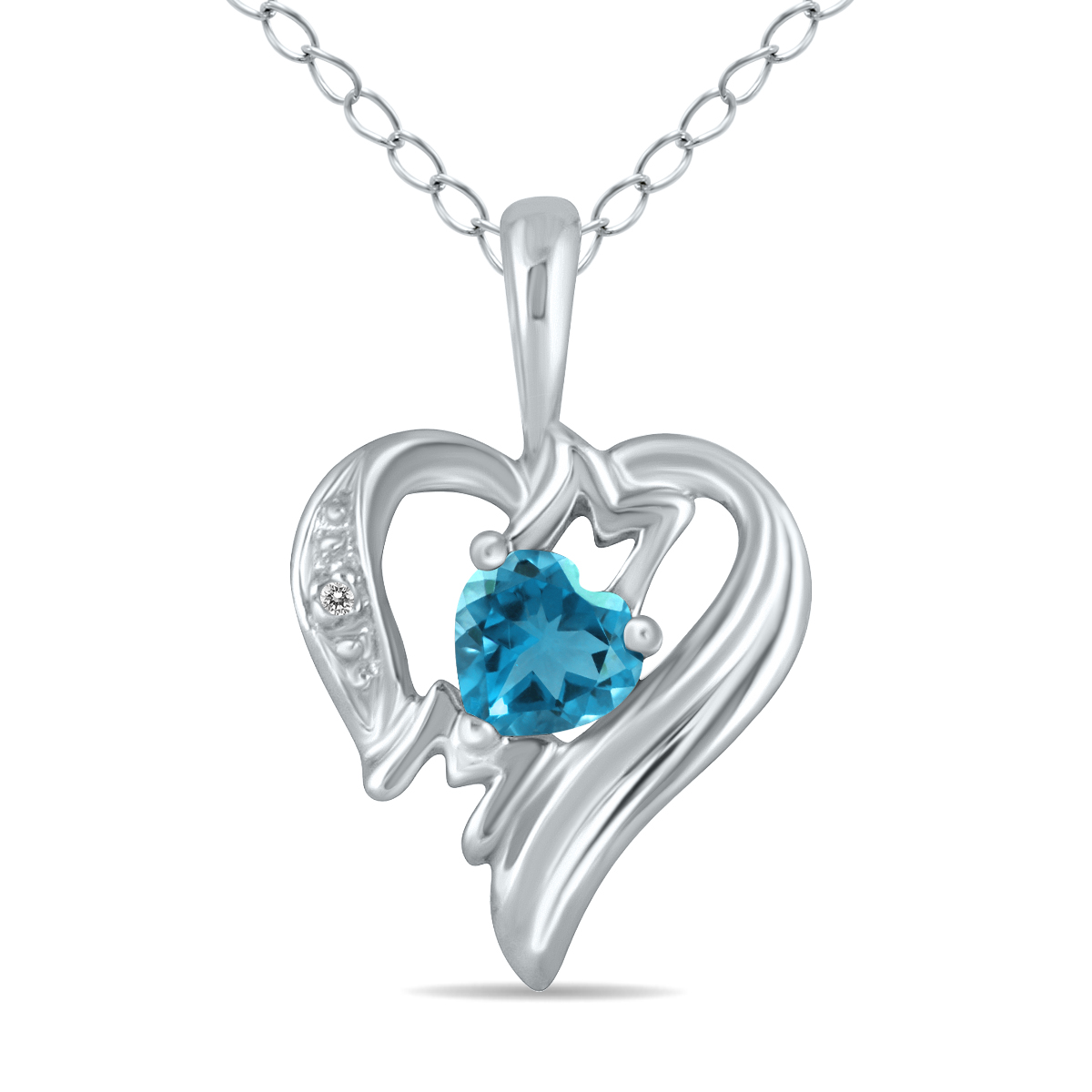 Blue Topaz and Diamond Heart MOM Pendant in 10K White Gold