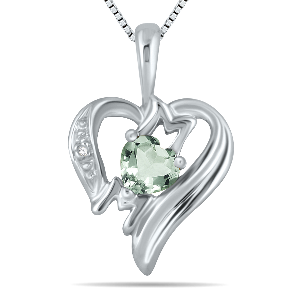 Green Amethyst and Diamond Heart MOM Pendant in 10K White Gold