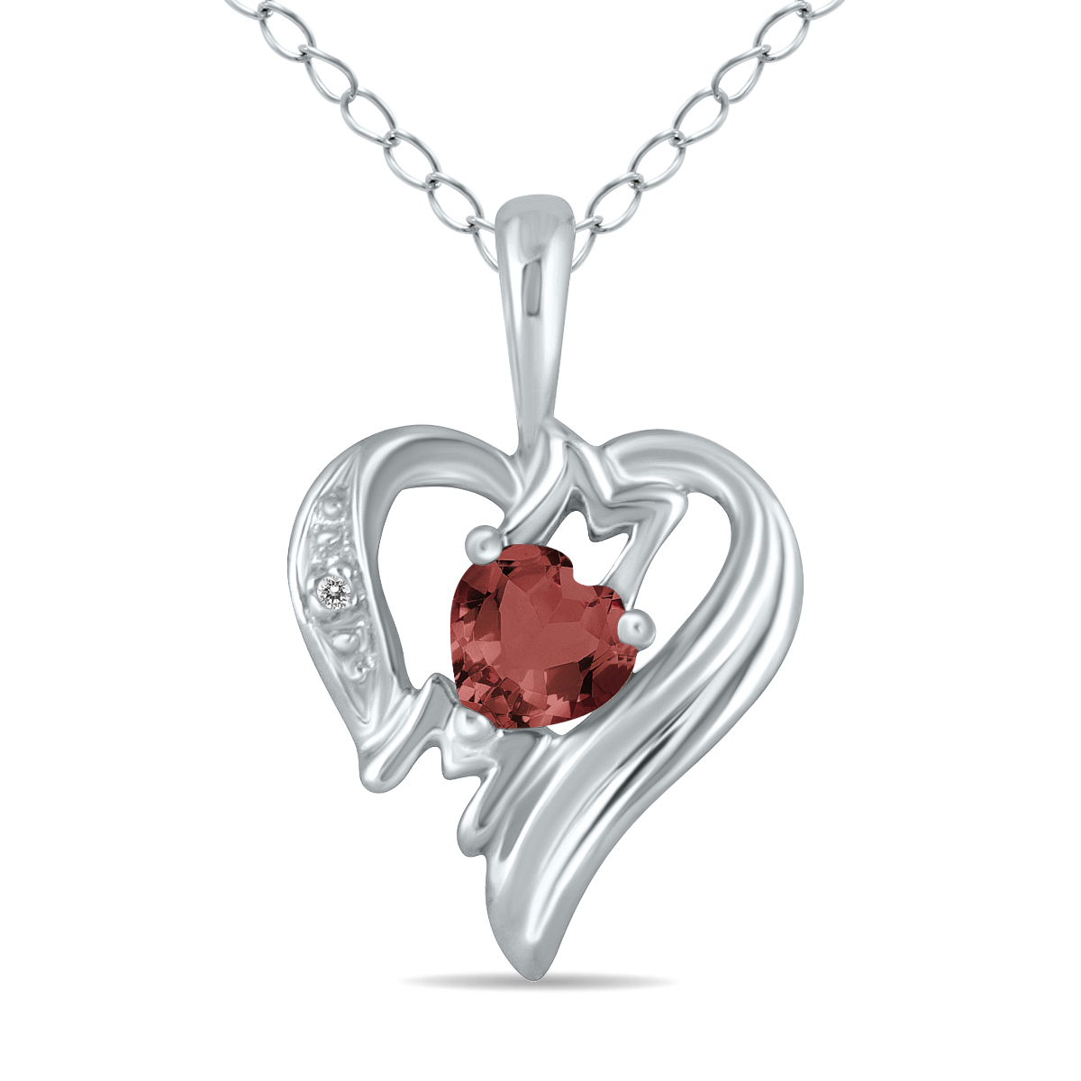Garnet and Diamond Heart MOM Pendant in 10K White Gold