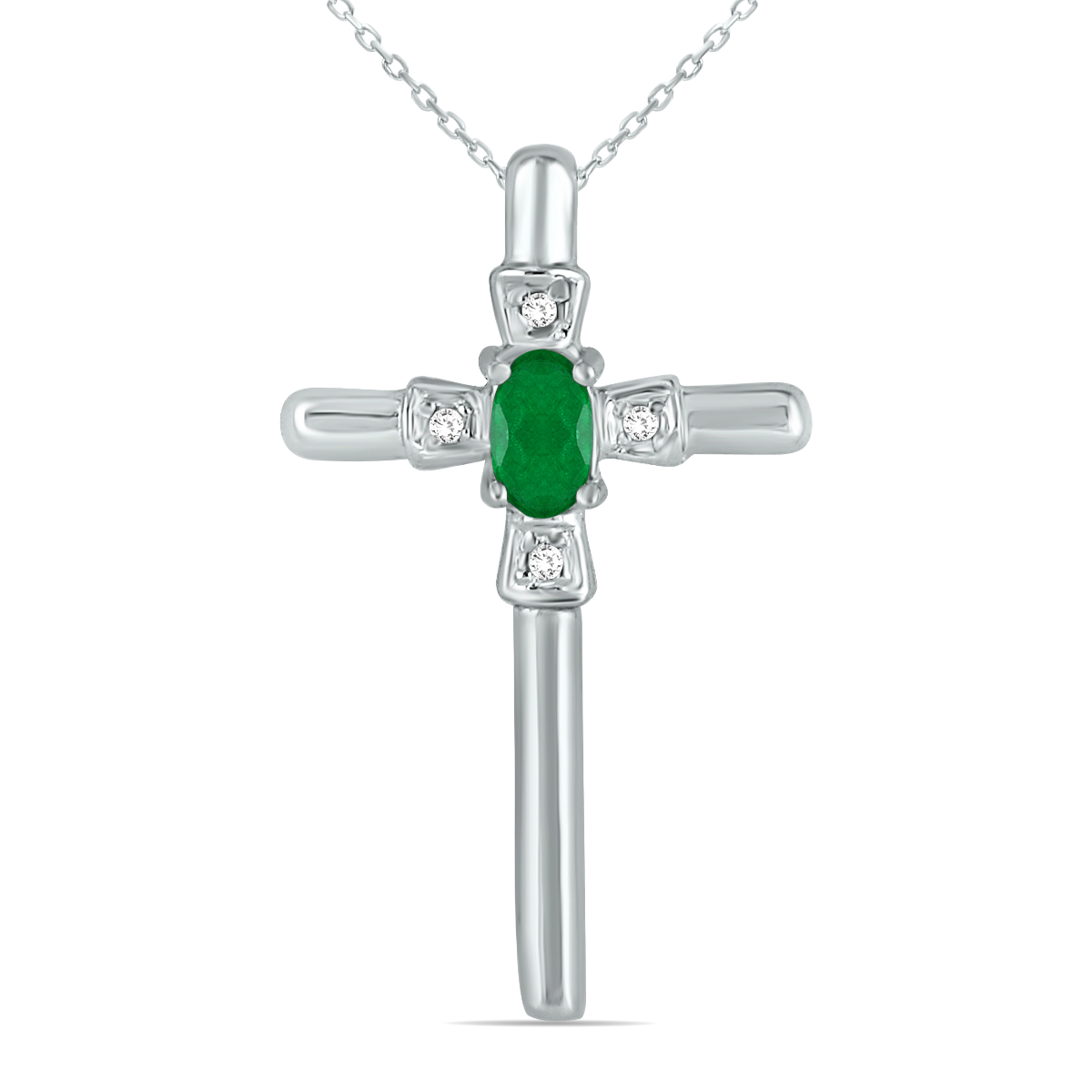 Emerald and Diamond Cross Pendant 10K White Gold