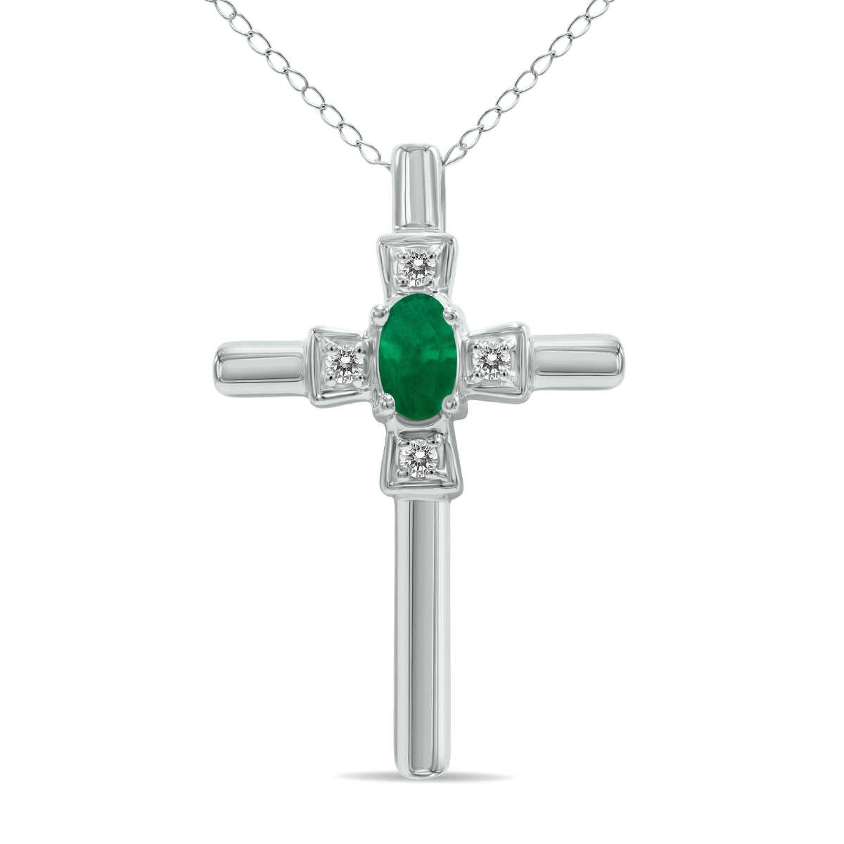 Emerald and Diamond Cross Pendant 10K White Gold