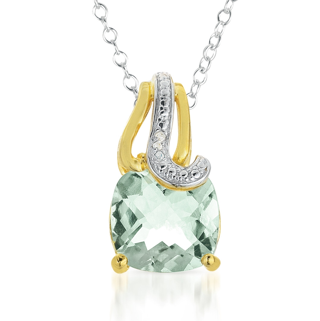 4.15 Carat Cushion Cut Green Amethyst and Diamond Pendant in 18K Gold Plated Sterling Silver