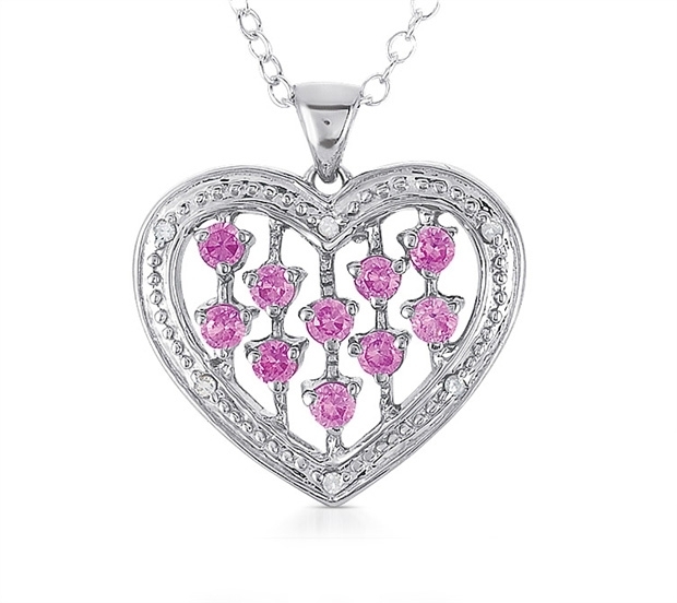 Created Pink Sapphire and Diamond Heart Pendant in .925 Sterling Silver