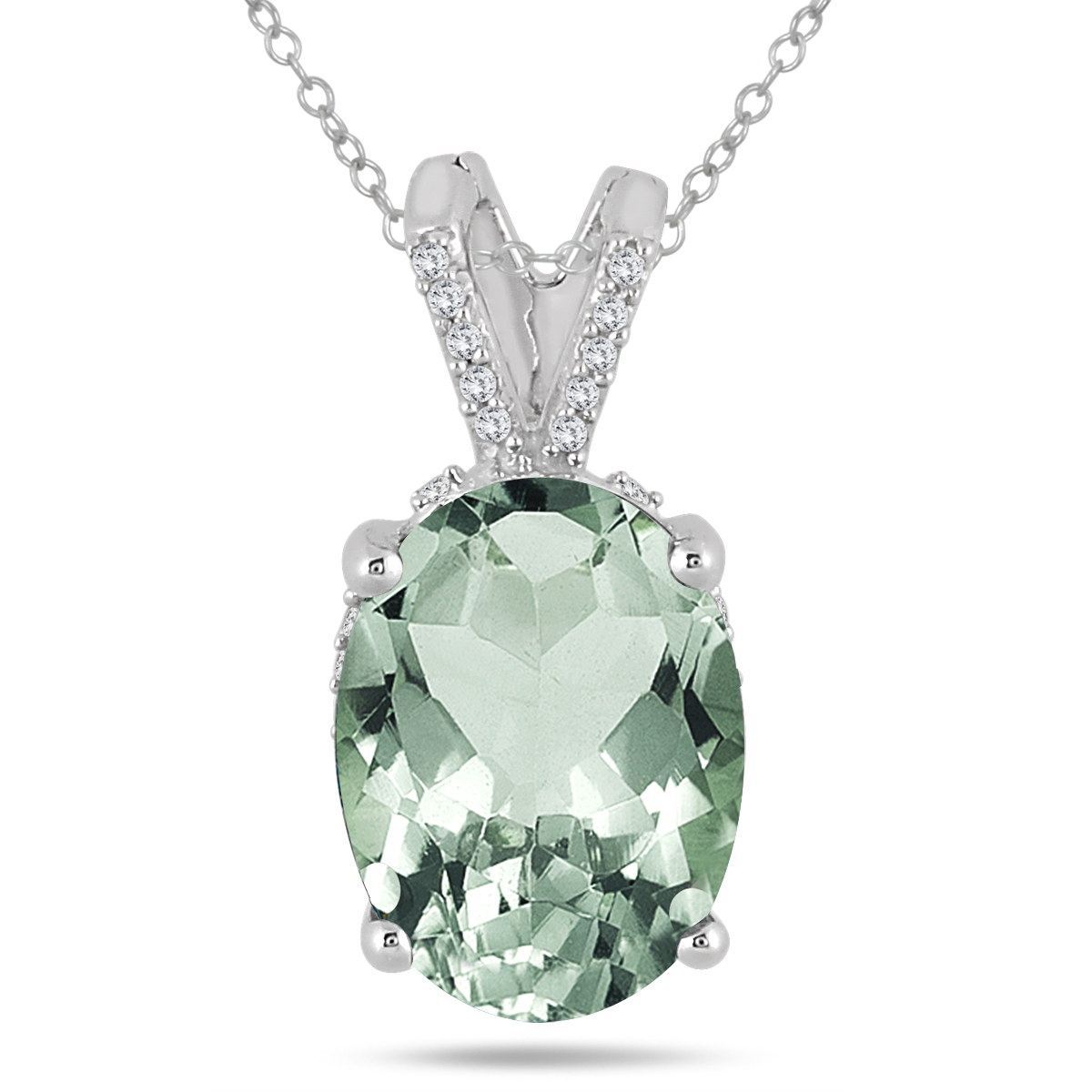 7 Carat Oval Green Amethyst and Diamond Engraved Pendant in 10K White Gold