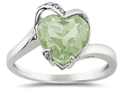 Heart Shaped Green Amethyst and Diamond Curve Ring in 14K White Gold