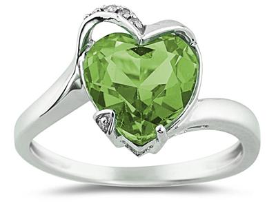 Heart Shaped Peridot and Diamond Heart Ring in 14K White Gold