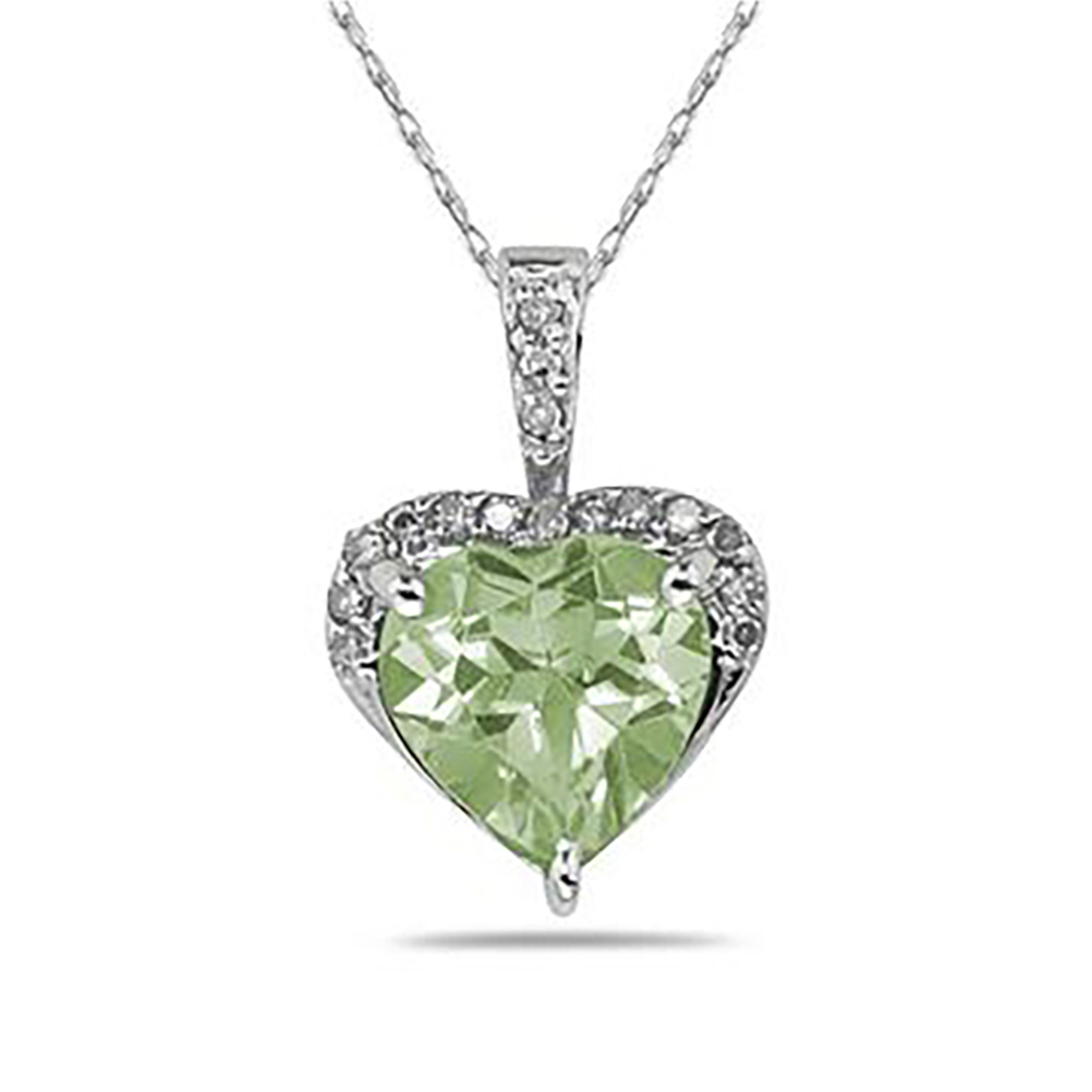 Green Amethyst & Dimaond Heart Pendant in 10k White Gold