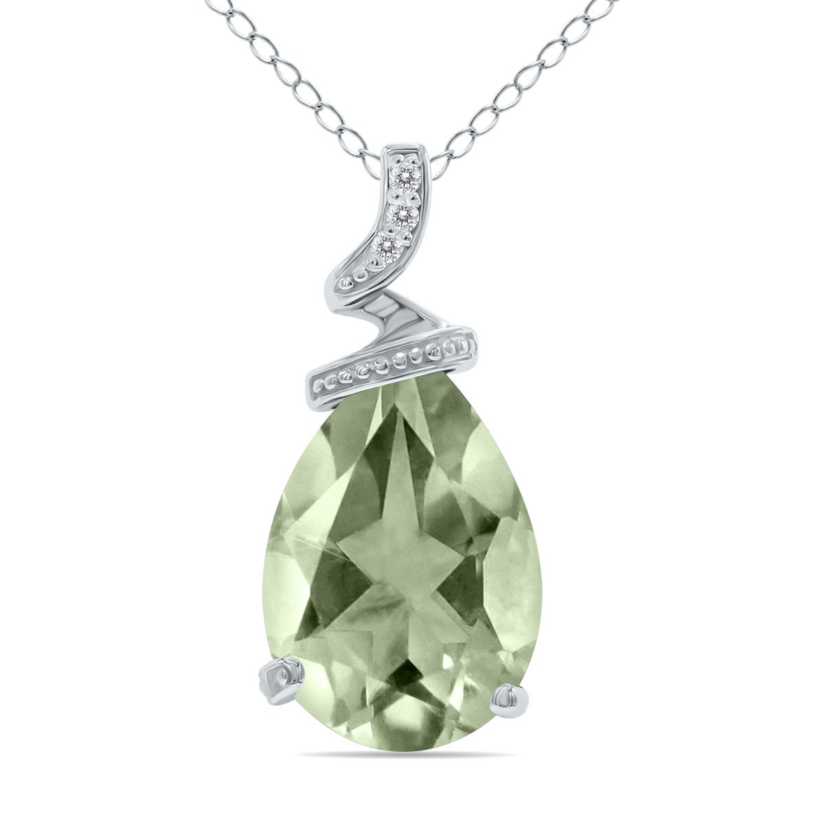 5 Carat Pear Shaped Green Amethyst & Diamond Pendant in 10K White Gold
