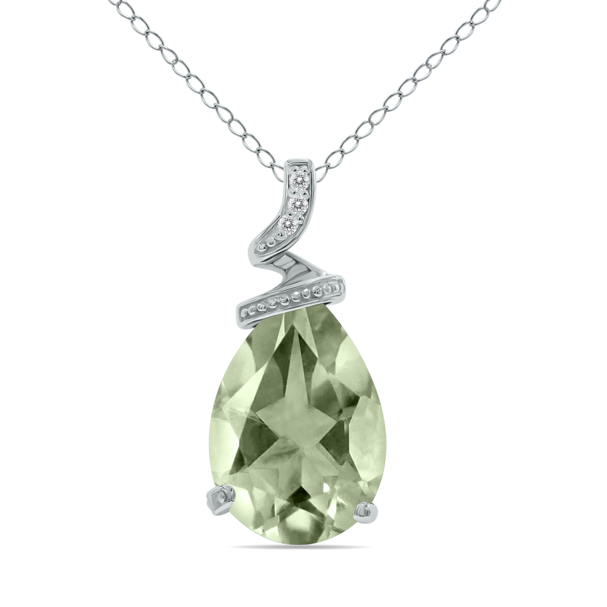 5 Carat Pear Shaped Green Amethyst & Diamond Pendant in 10K White Gold