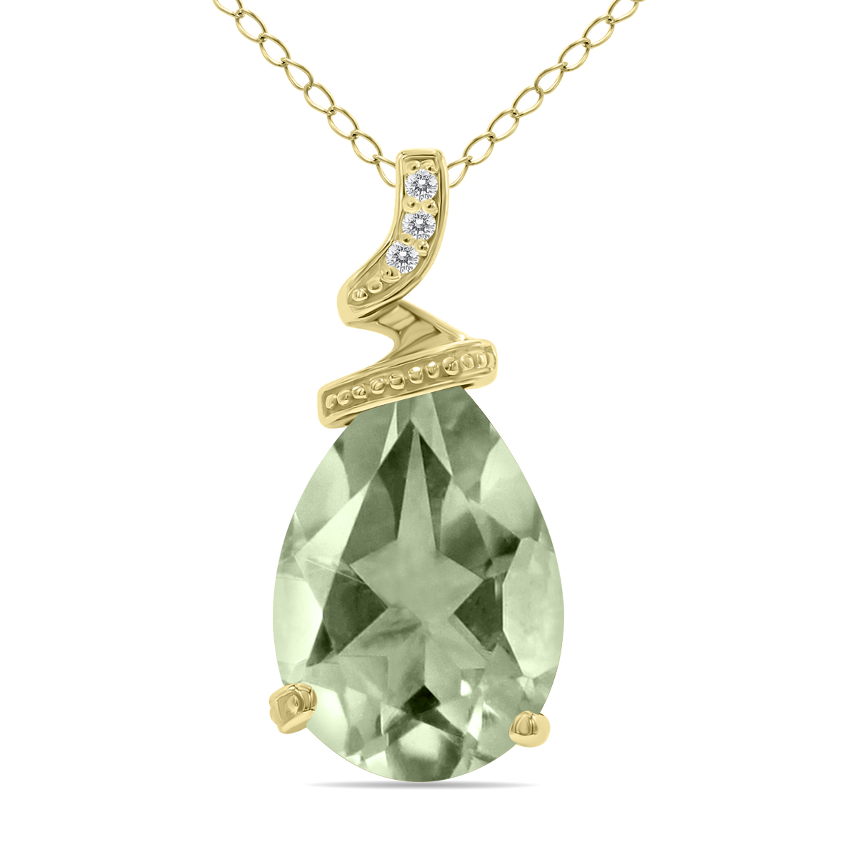 5 Carat Pear Shaped Green Amethyst & Diamond Pendant in 10K Yellow Gold