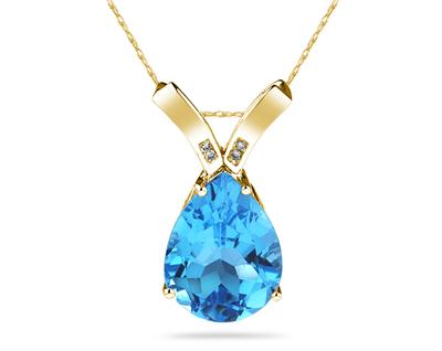 10 1/4 Carat Pear Shaped Blue Topaz & Diamond Pendant in 10K Yellow Gold