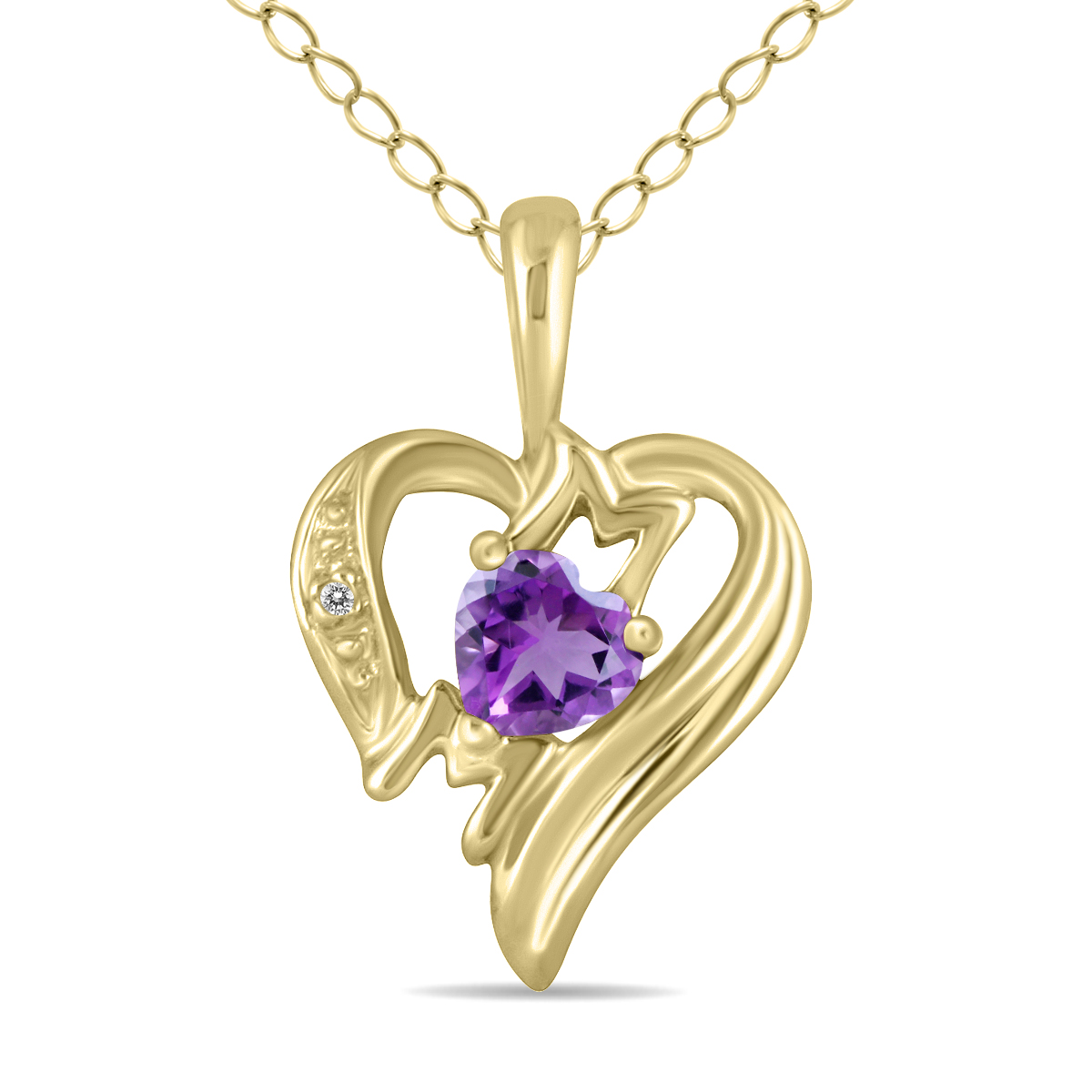 Genuine Amethyst and Diamond Heart MOM Pendant in 10K Yellow Gold