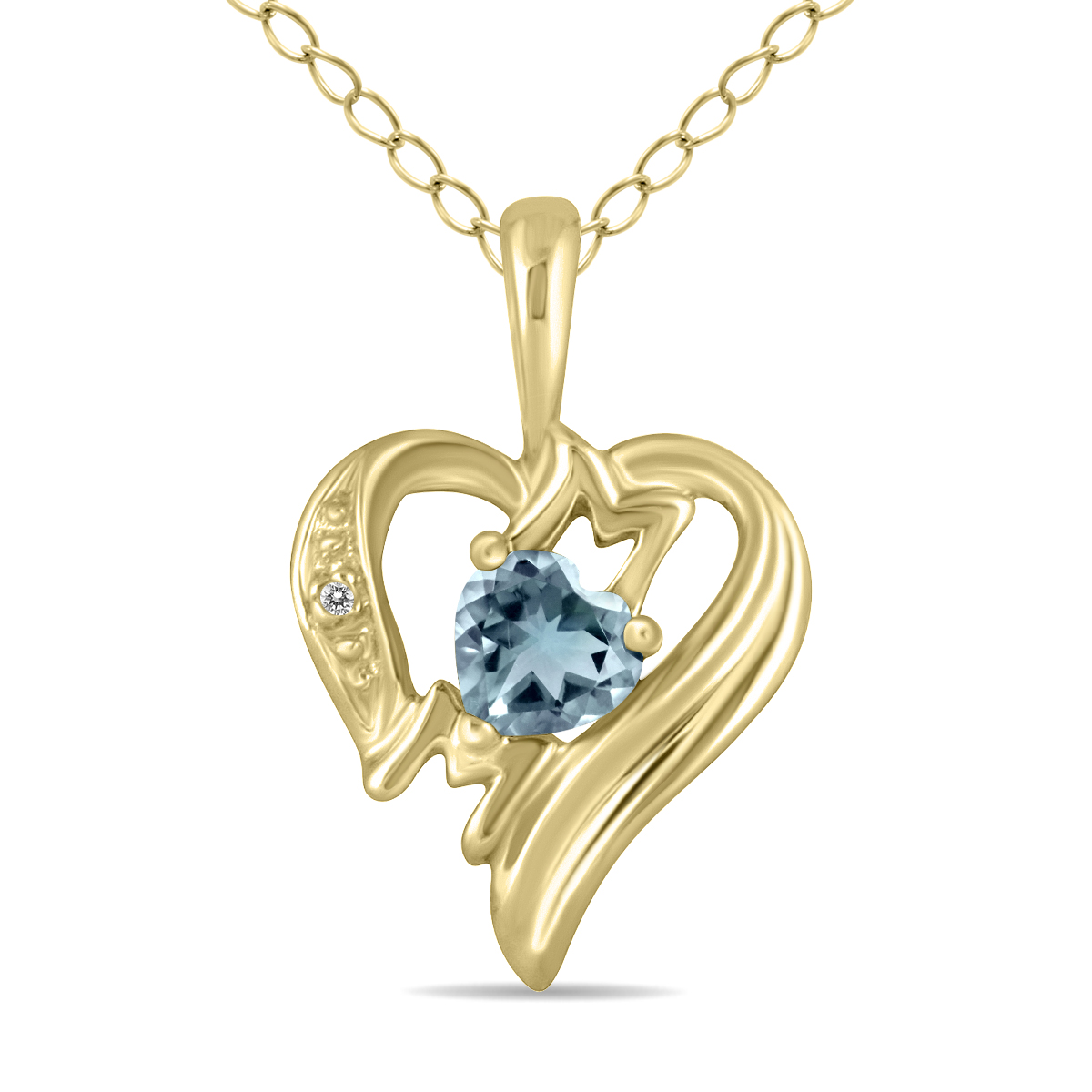 Aquamarine and Diamond Heart MOM Pendant in 10K Yellow Gold