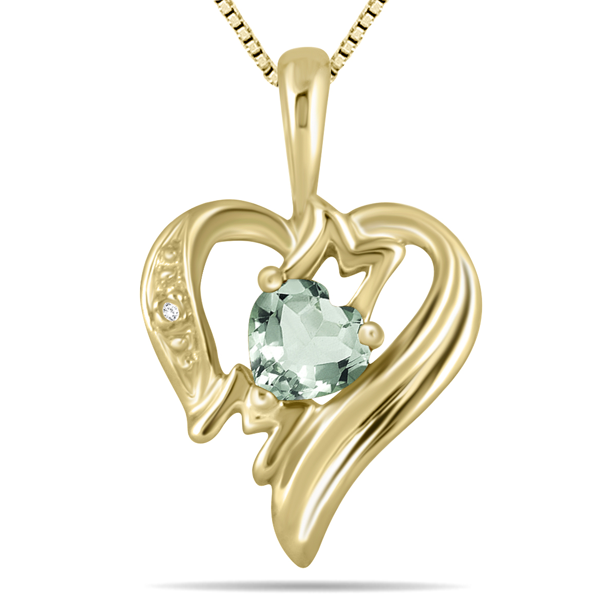 Green Amethyst and Diamond Heart MOM Pendant in 10K Yellow Gold