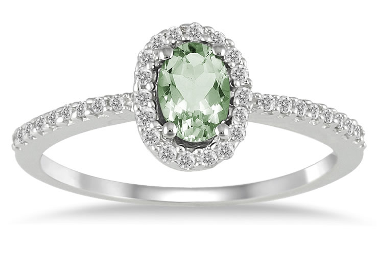 Green Amethyst and Diamond Halo Ring in 10K White Gold