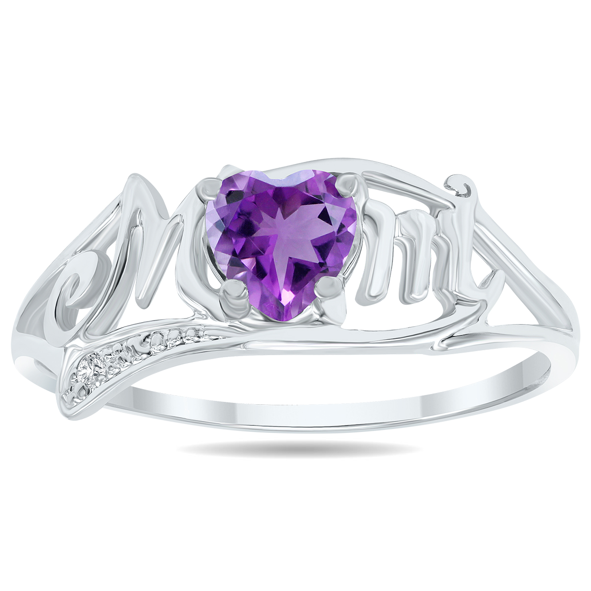 Genuine Amethyst and Diamond Heart Shaped MOM Ring in 10K White Gold