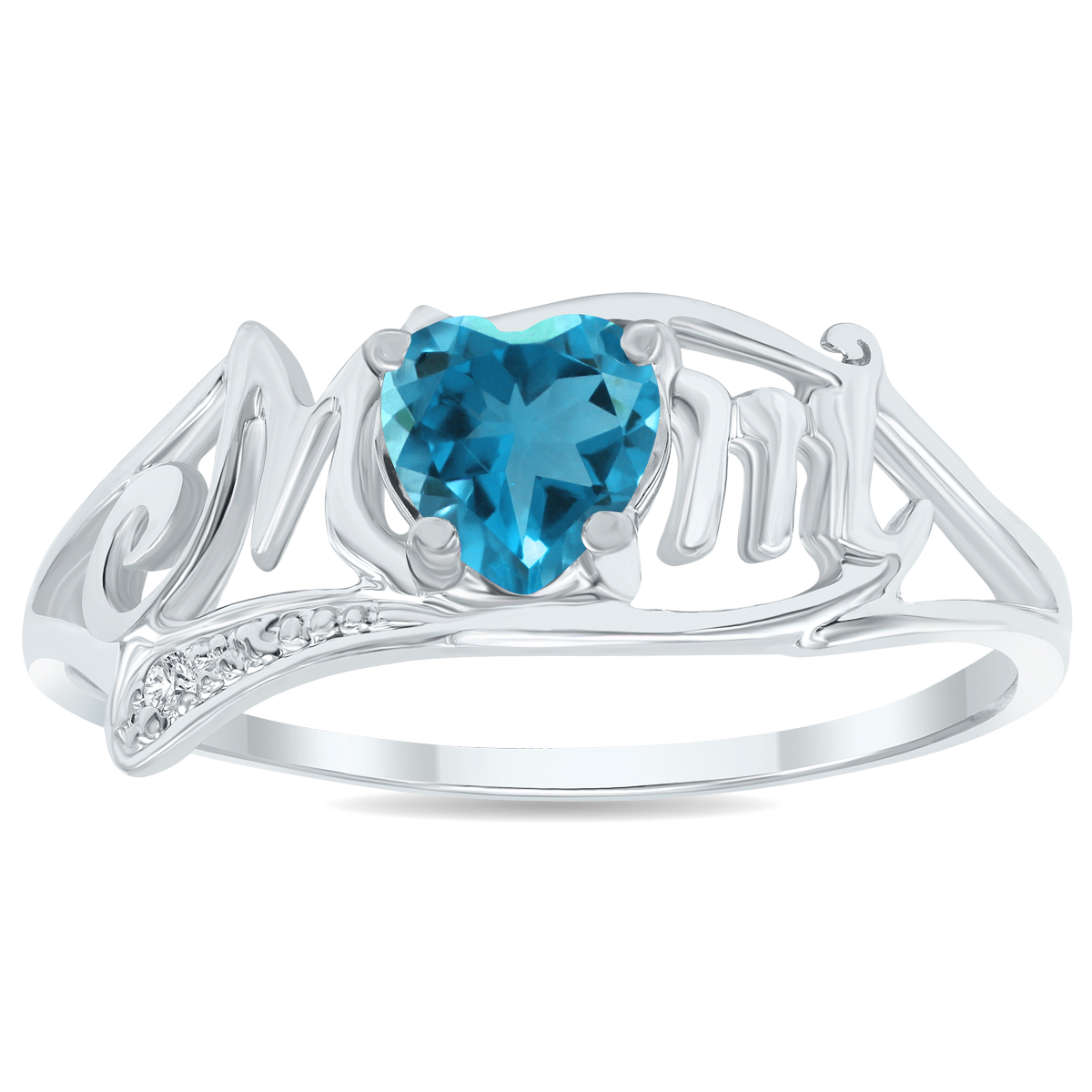Blue Topaz and Diamond Heart Shaped MOM Ring in 10K White Gold
