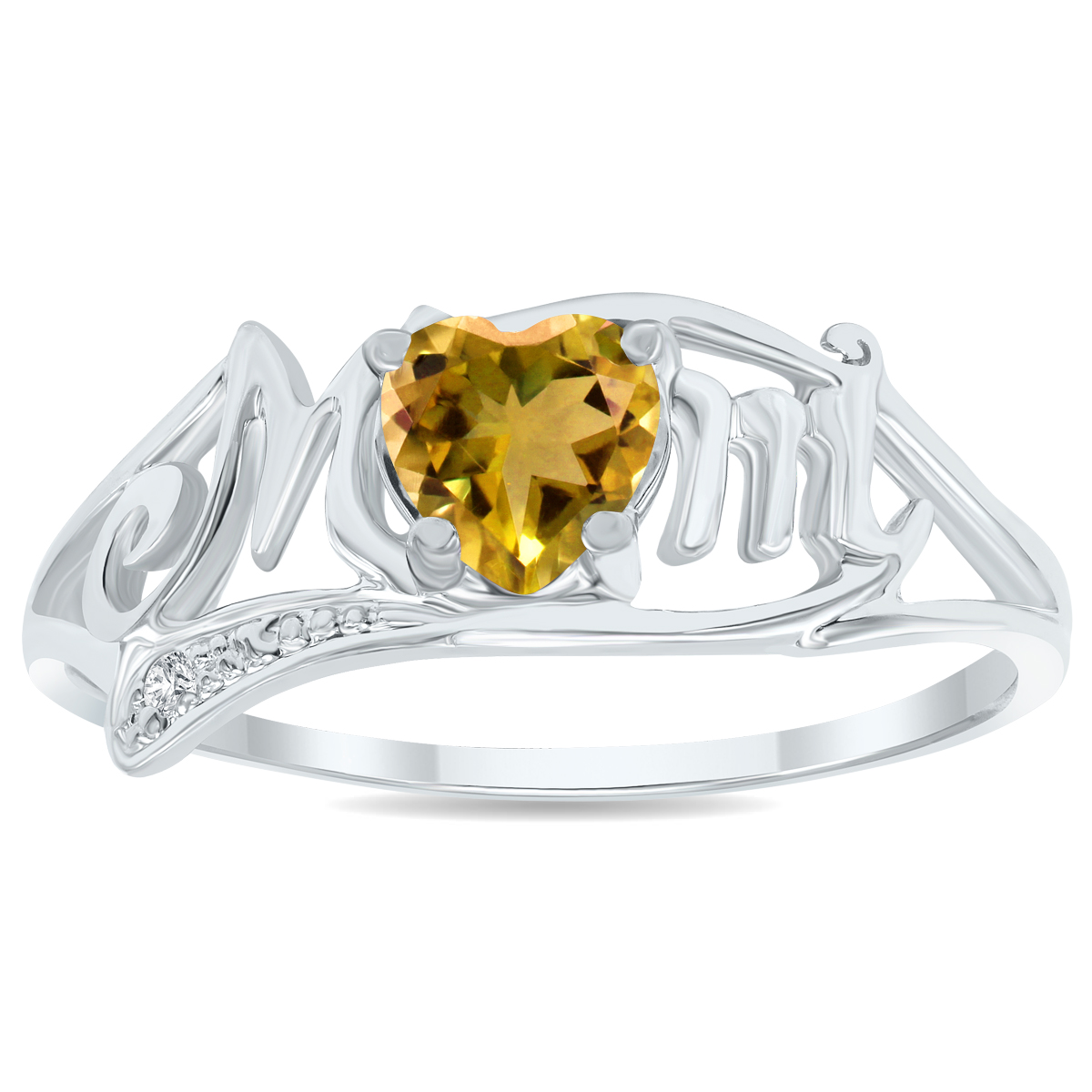 Citrine and Diamond Heart Shaped MOM Ring in 10K White Gold