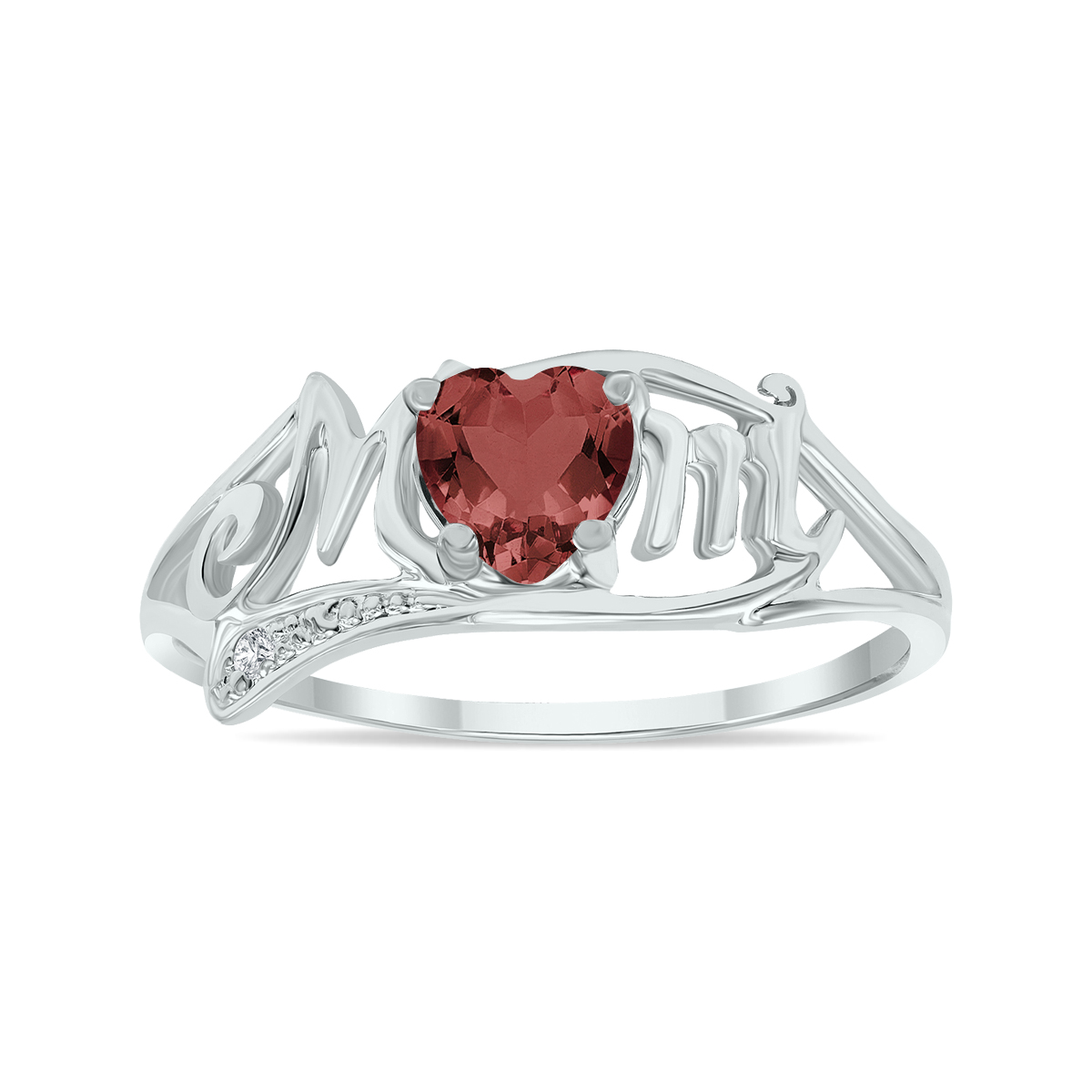Garnet and Diamond Heart Shaped MOM Ring in 10K White Gold