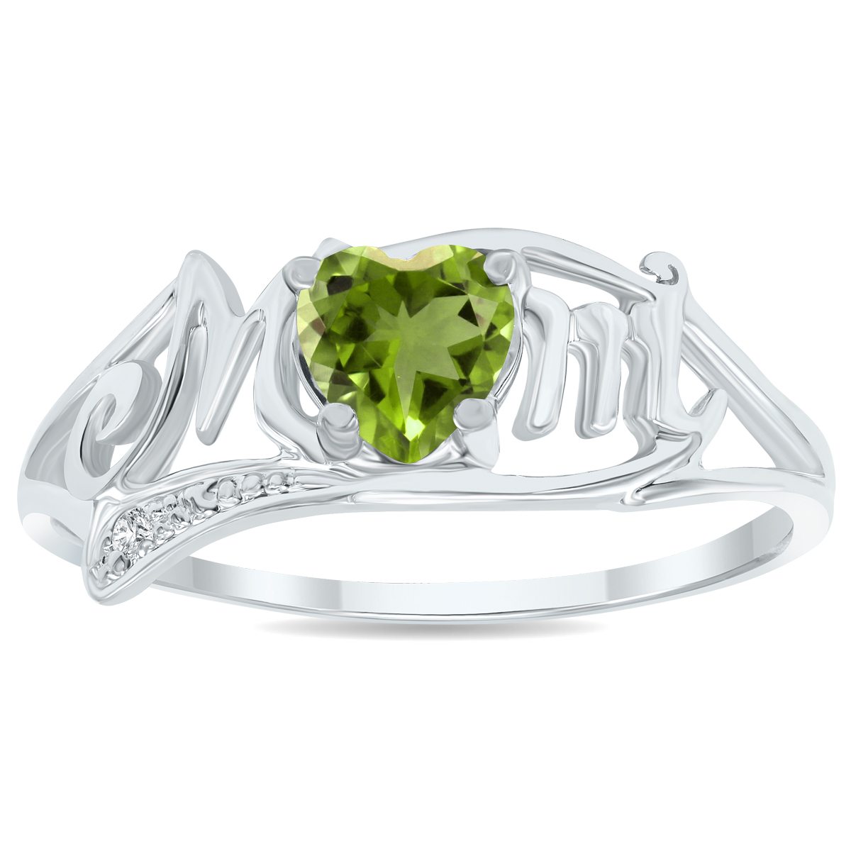 Peridot and Diamond Heart Shaped MOM Ring in 10K White Gold