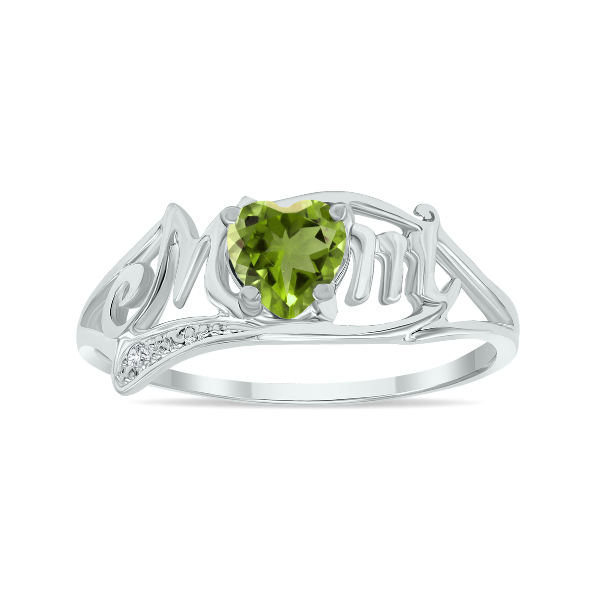 Peridot and Diamond Heart Shaped MOM Ring in 10K White Gold
