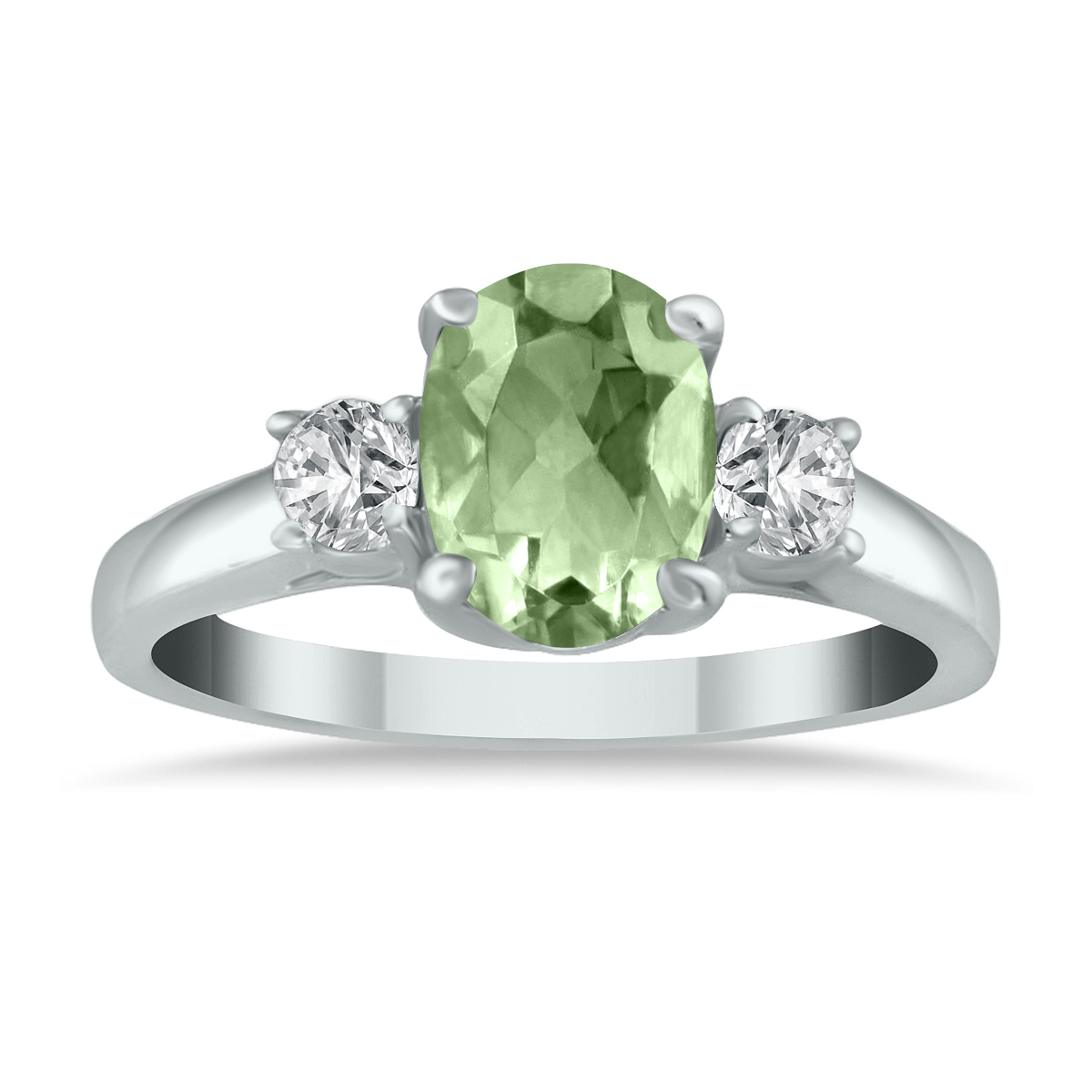 Green Amethyst and Diamond Three Stone Ring 14K White Gold