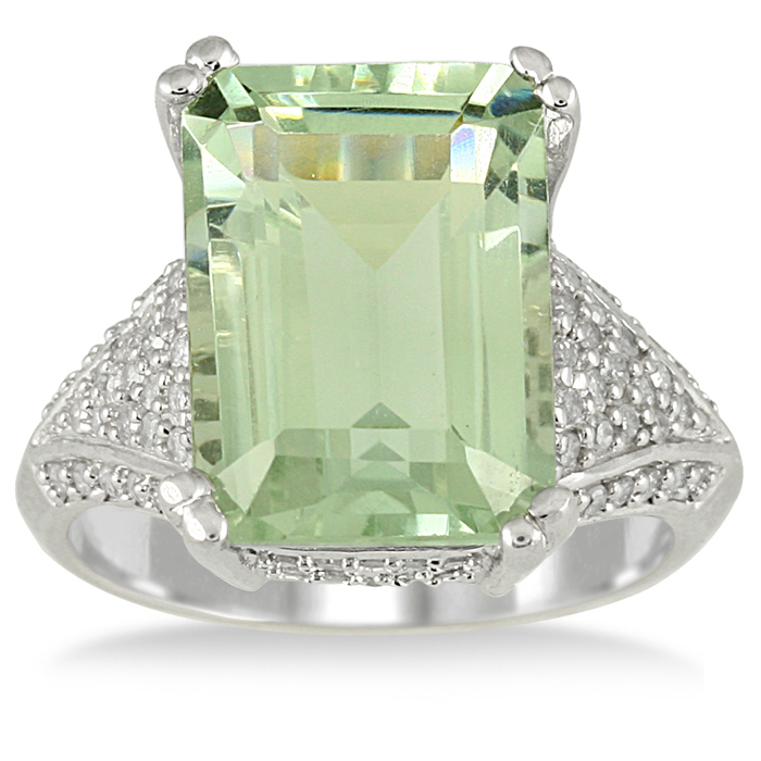 7.20 Carat Emerald Cut Green Amethyst and Diamond Ring in 10K White Gold