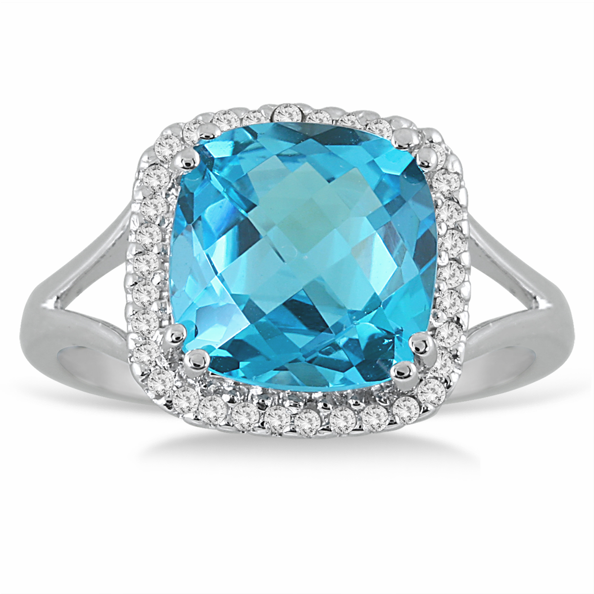 Cushion Cut Blue Topaz and Diamond Ring in 14K White Gold