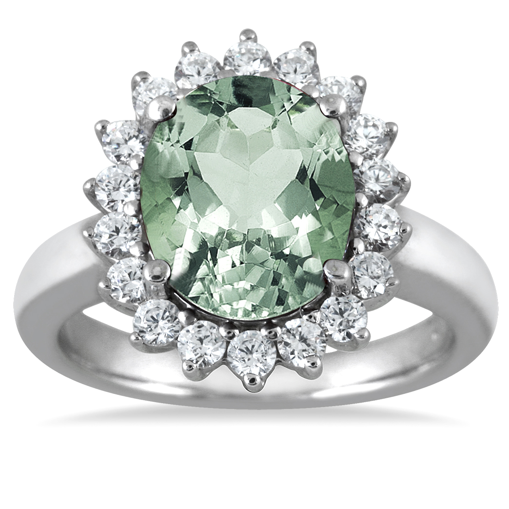 4 Carat Green Amethyst and Diamond Ring in 14K White Gold
