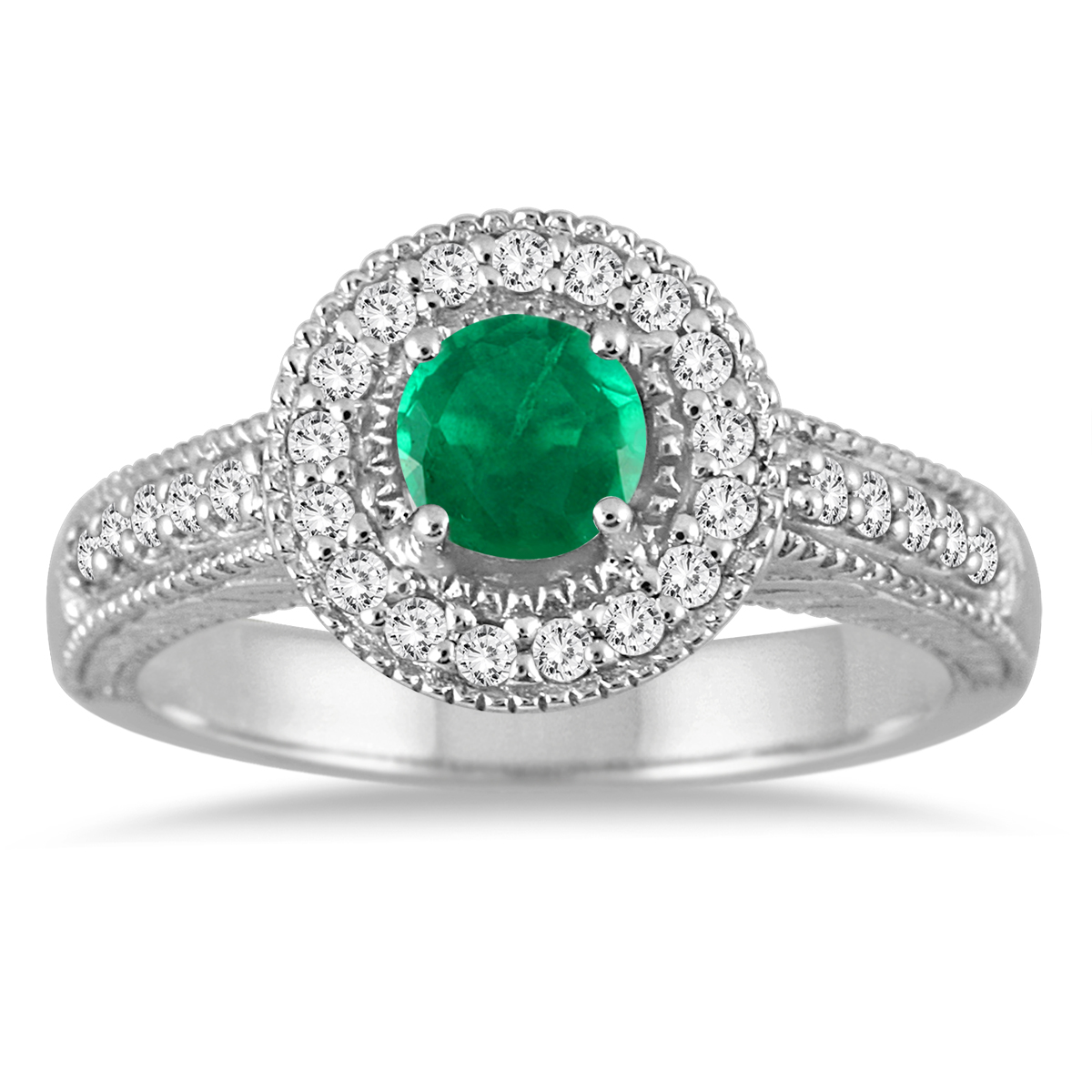 Emerald and Diamond Halo Ring in 10K White Gold