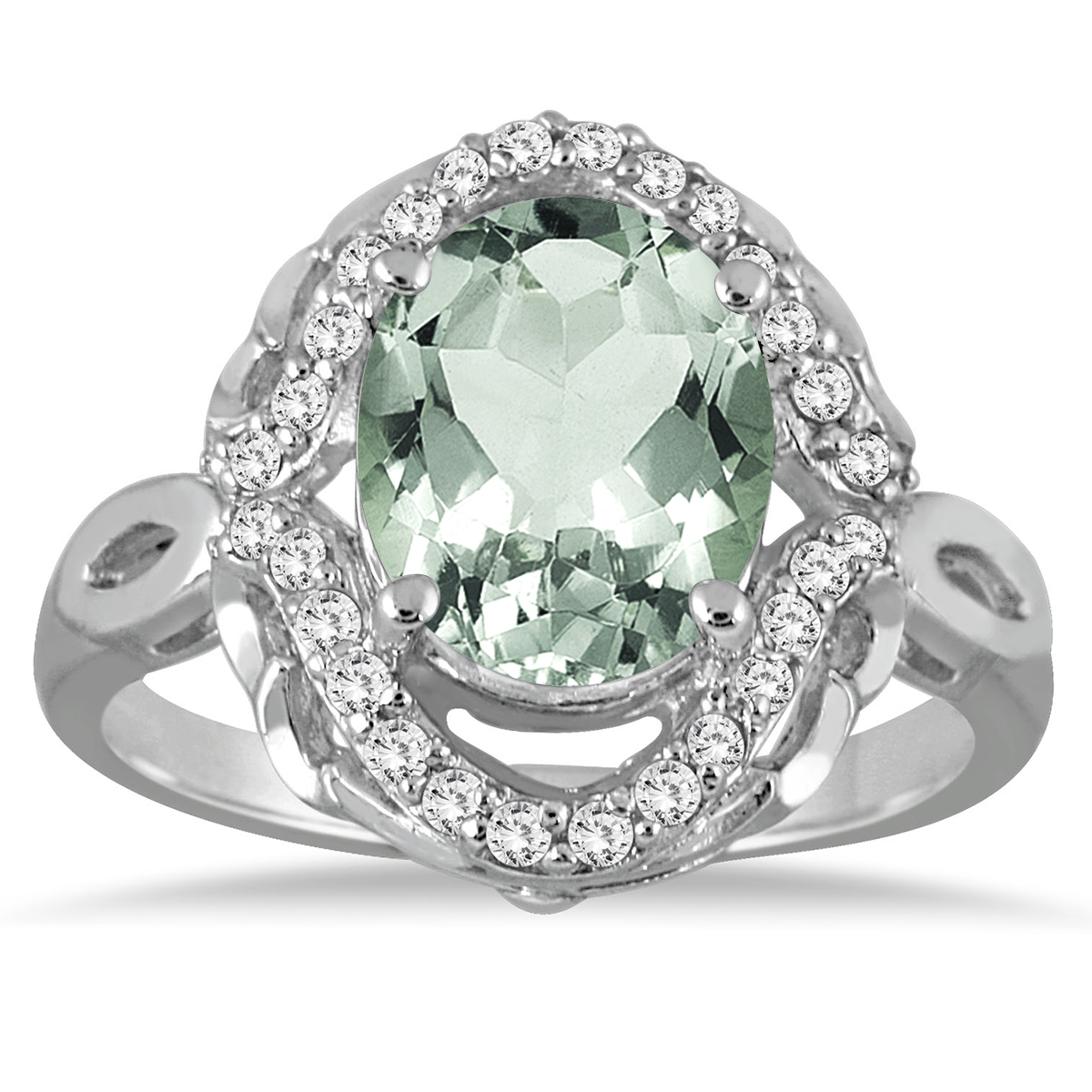 3 1/2 Carat Oval Green Amethyst and Diamond Ring in 10K White Gold