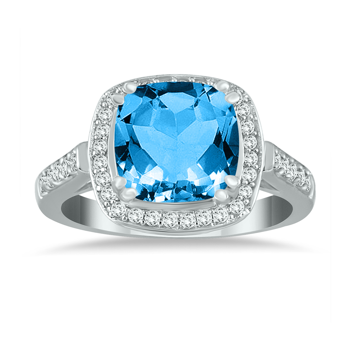 Cushion Cut Blue Topaz and Diamond Ring in 14K White Gold