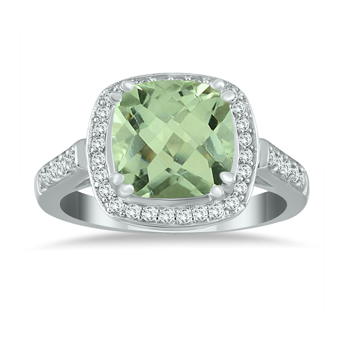 Cushion Cut Green Amethyst and Diamond Ring in 14K White Gold