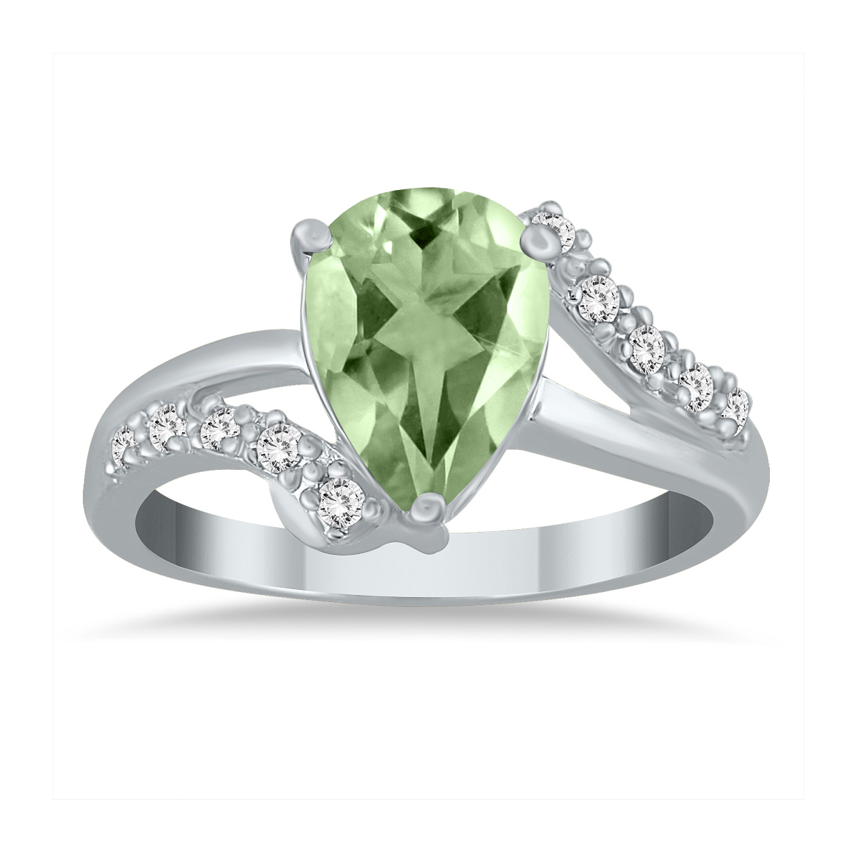 Pear Shaped Green Amethyst and Diamond Ring in 10K White Gold