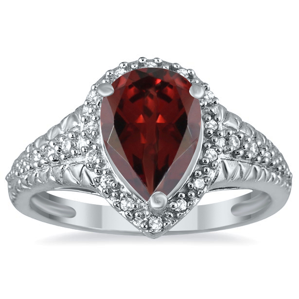 2 Carat Pear Shaped Garnet and Diamond Ring in 10K White Gold