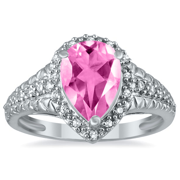 2 Carat Pear Shaped Pink Topaz and Diamond Ring in 10K White Gold
