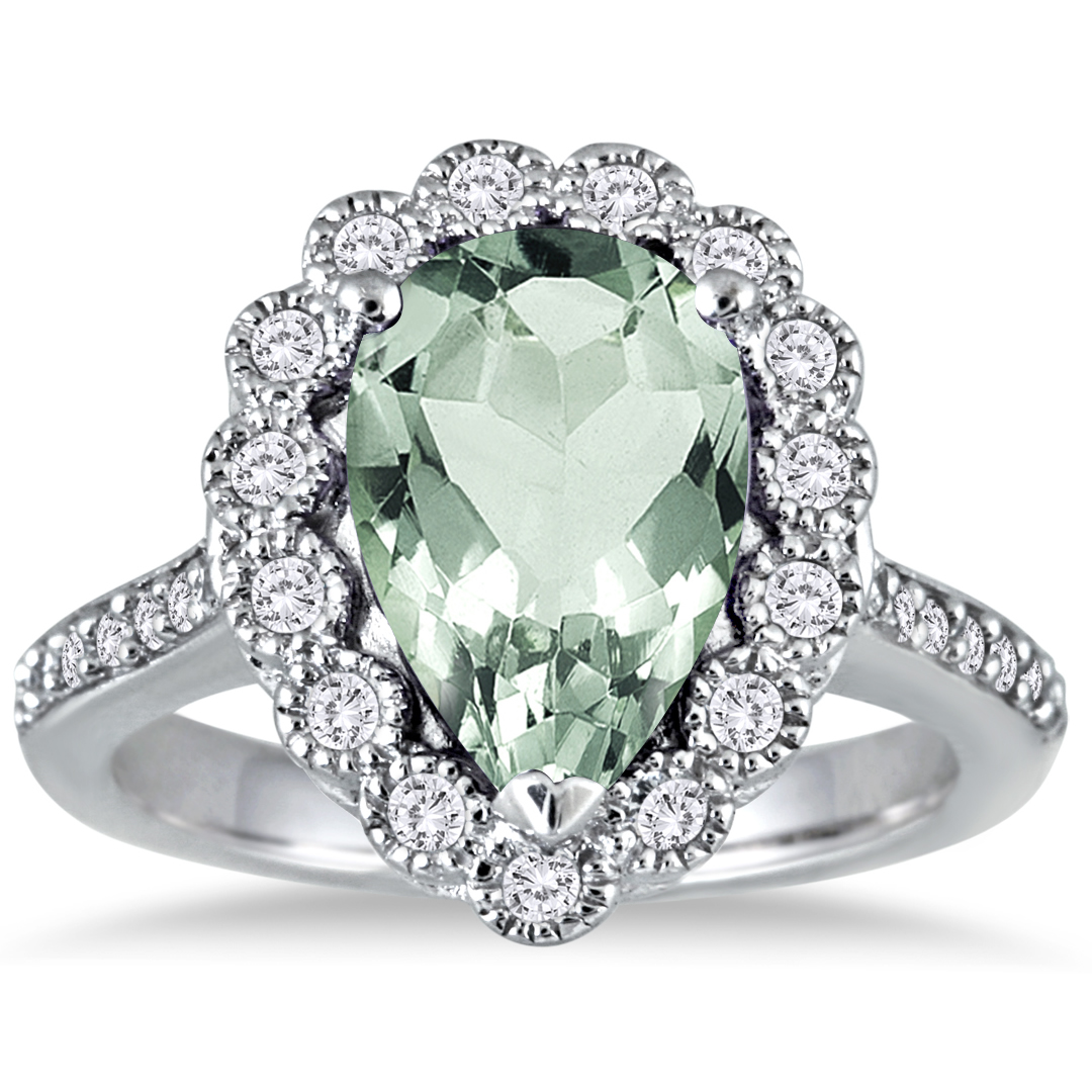 5 Carat Pear Shape Green Amethyst and Diamond Ring in 14K White Gold