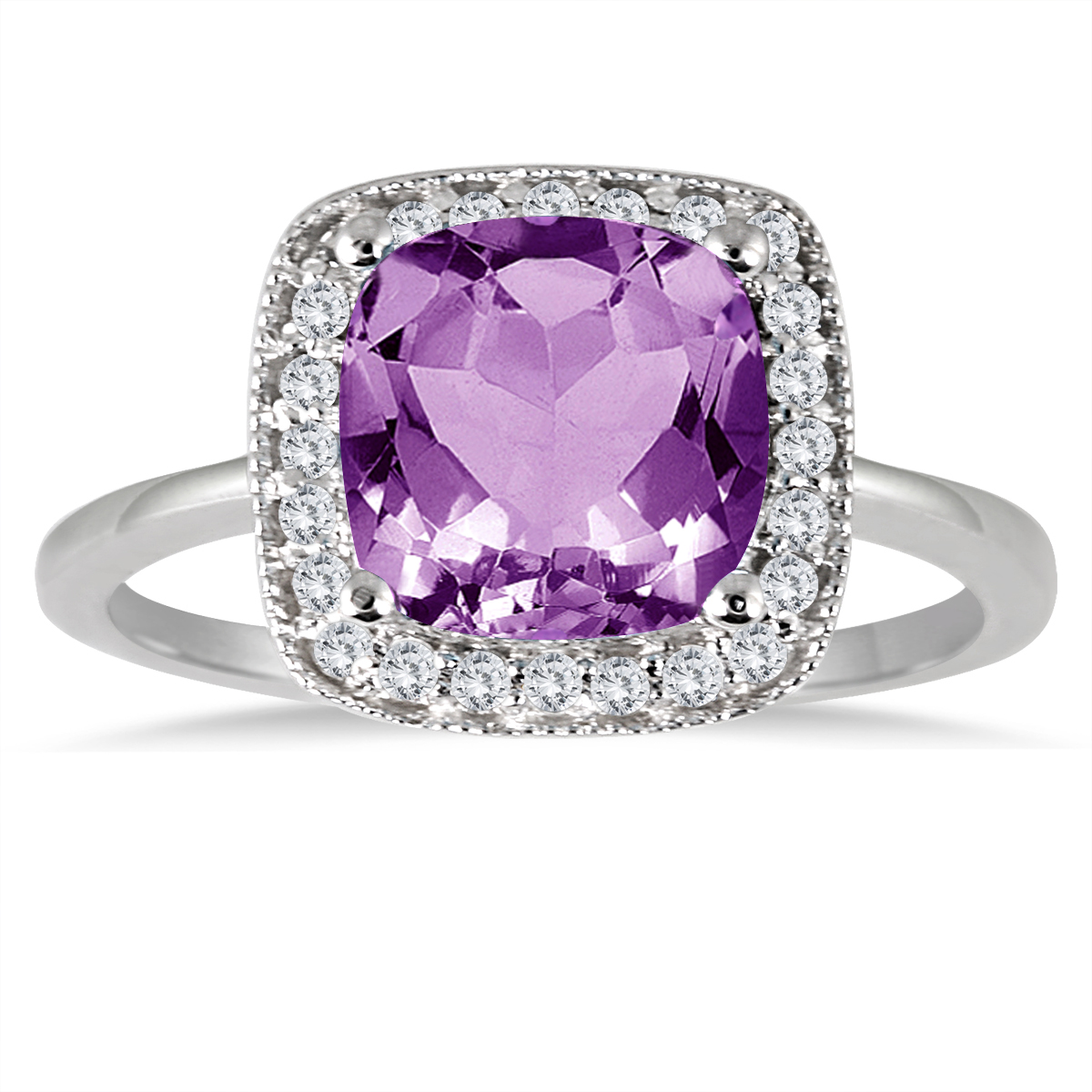 1.35 Carat Cushion Cut Amethyst and Diamond Ring in 14K White Gold