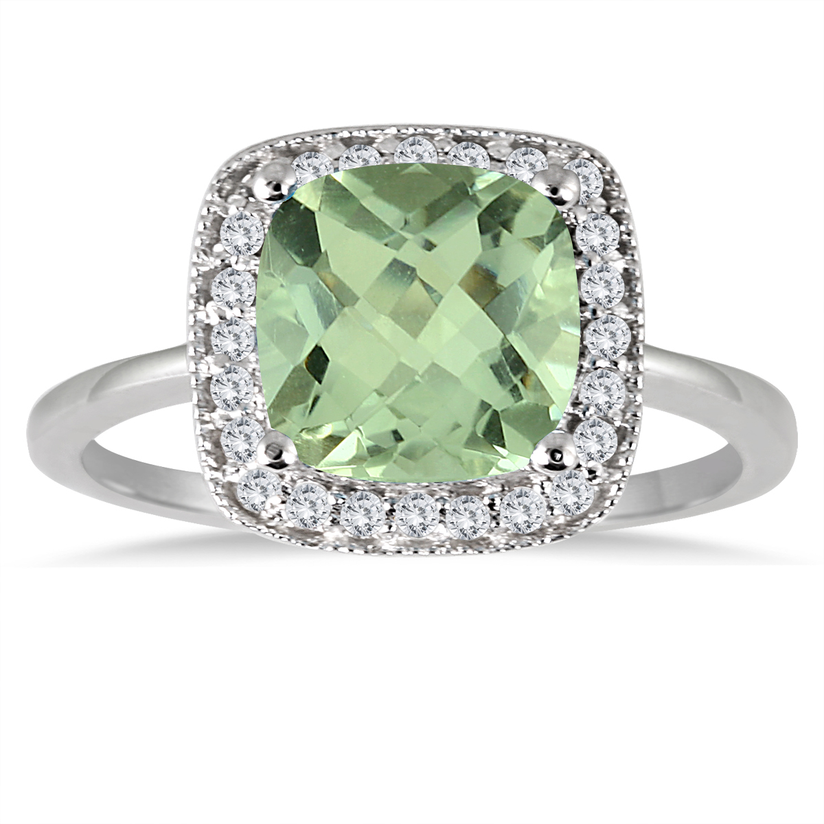 1.30 Carat Cushion Cut Green Amethyst and Diamond Ring in 14K White Gold