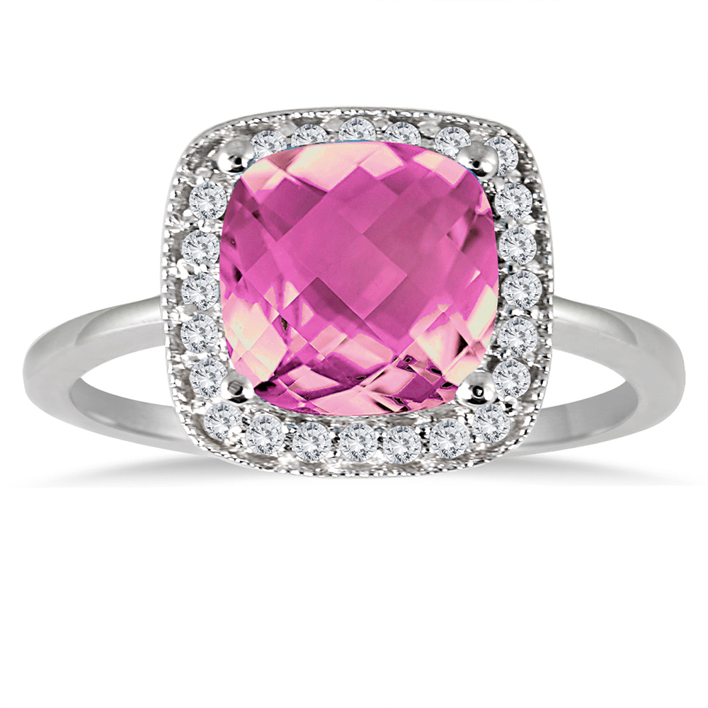 1.65 Carat Cushion Cut Pink Topaz and Diamond Ring in 14K White Gold