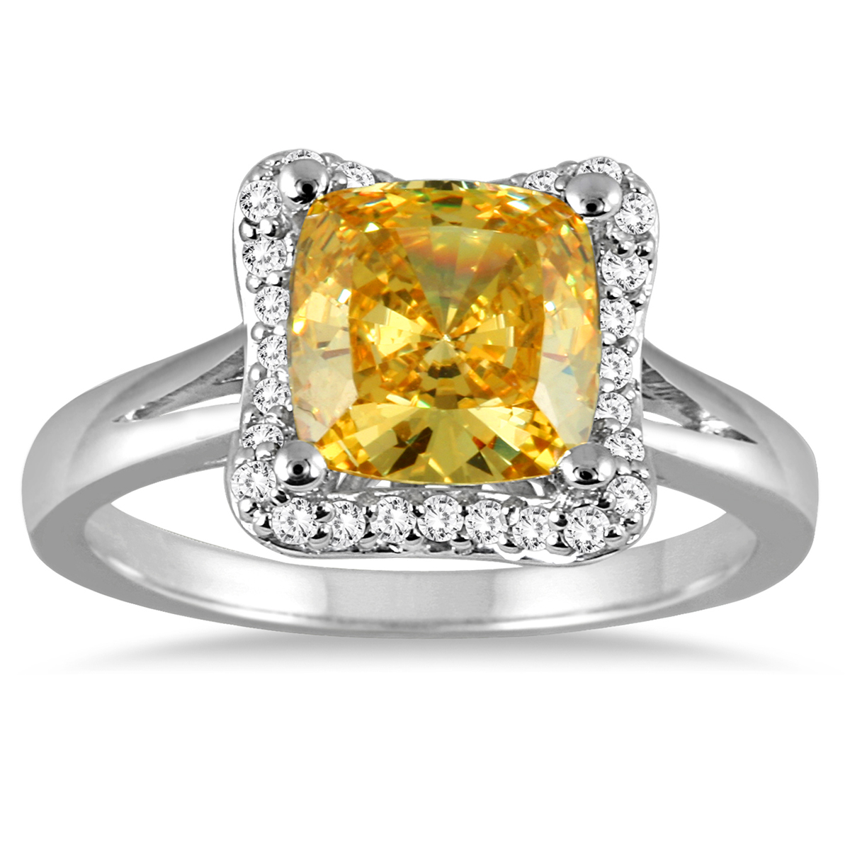 2 Carat Cushion Cut Citrine and Diamond Ring in 14K White Gold