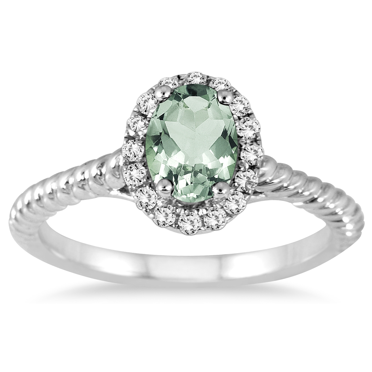 1 Carat Green Amethyst and Diamond Halo Rope Ring in 10K White Gold
