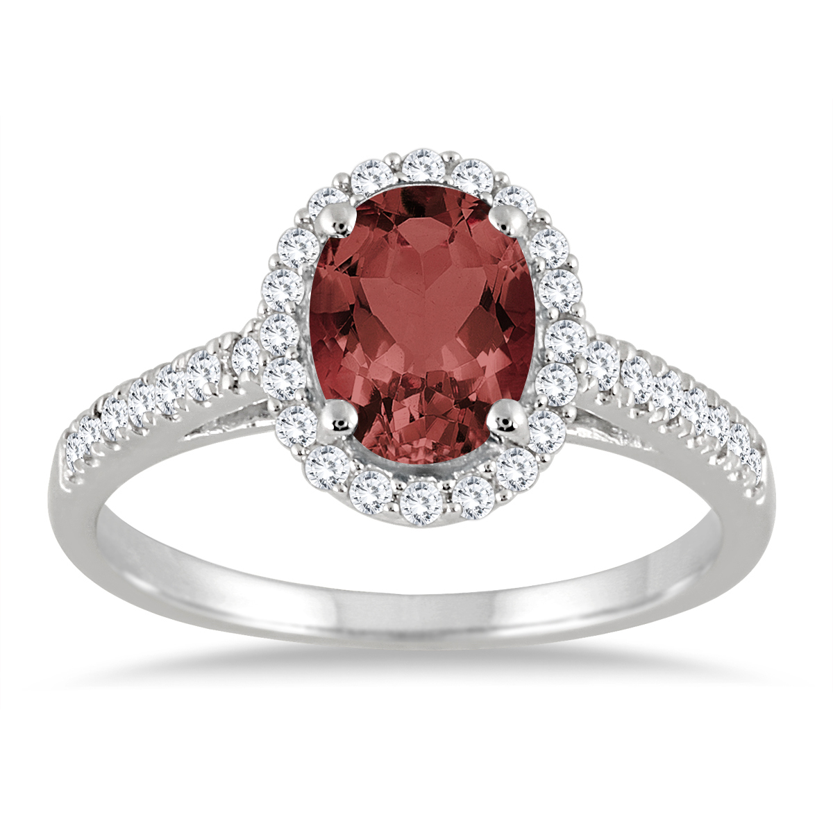 Garnet and Diamond Halo Ring in 10K White Gold Image