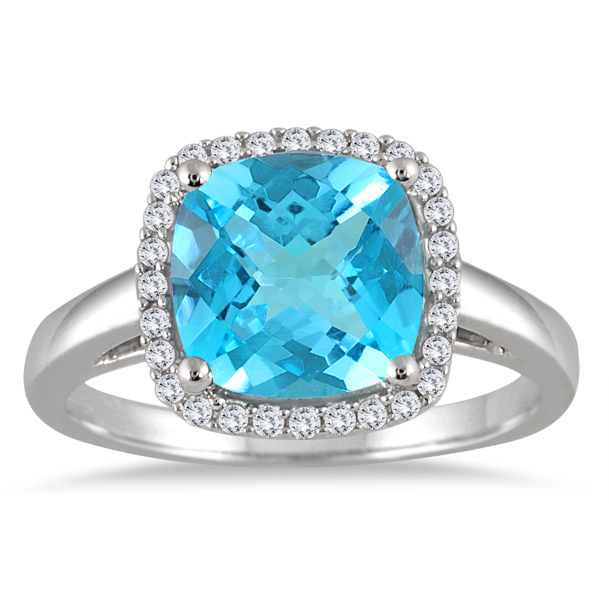 3 1/4 Carat Cushion Cut Blue Topaz and Diamond Halo Ring in 10K White Gold