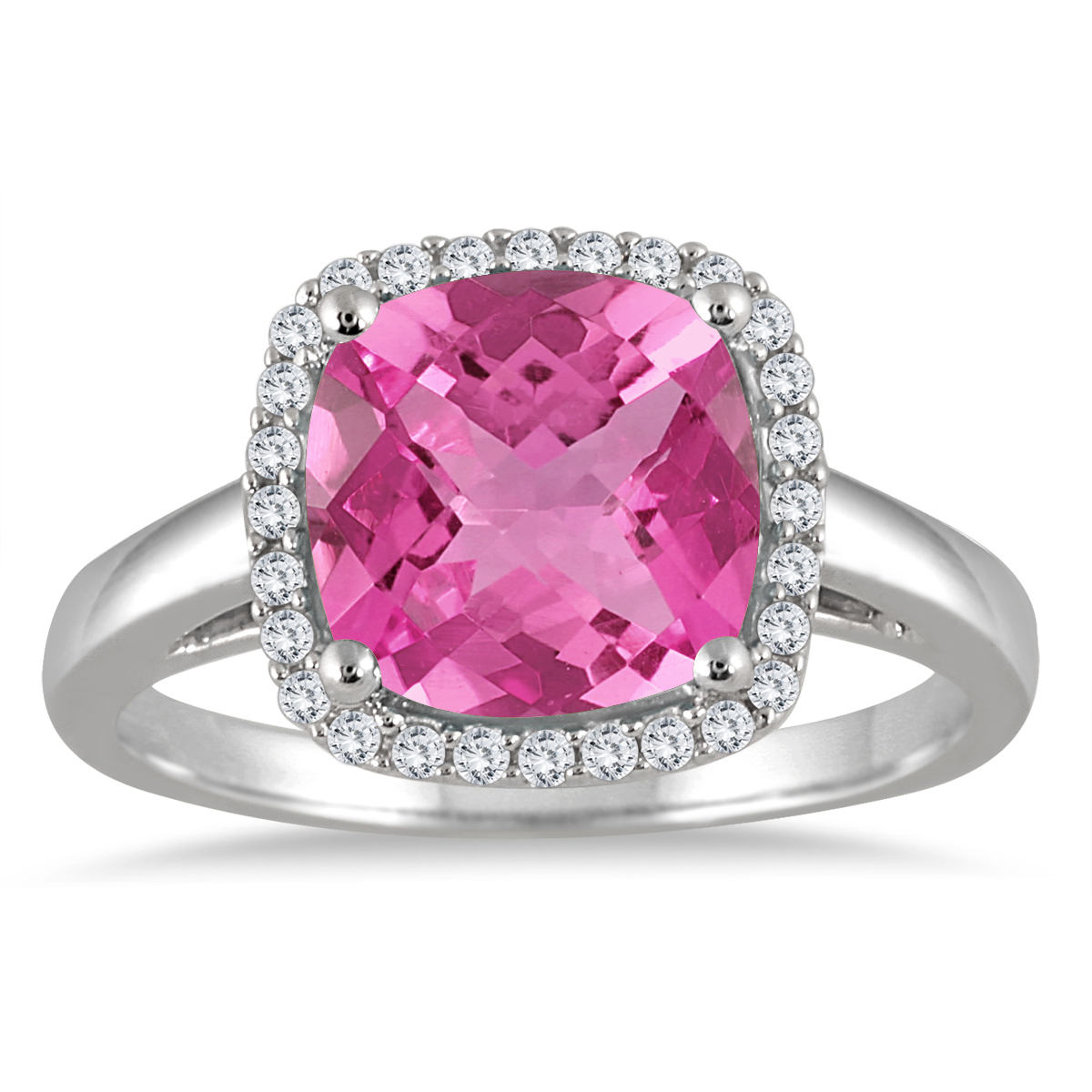 3.50 Carat Cushion Cut Pink Topaz and Diamond Halo Ring in 10K White Gold