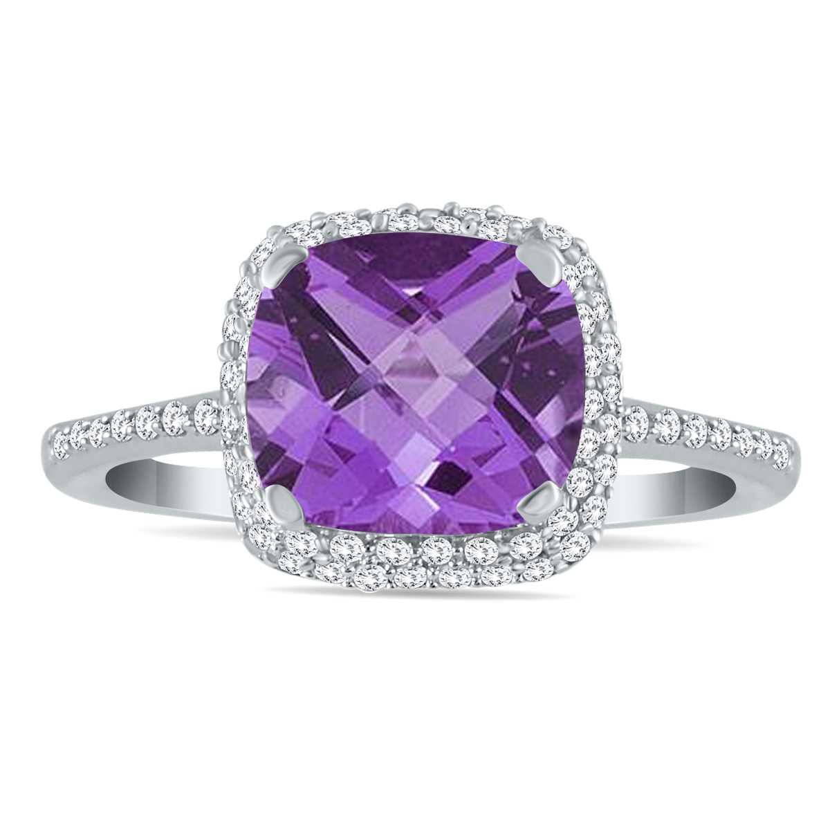 Cushion Cut Amethyst and Diamond Halo Ring in 10K White Gold