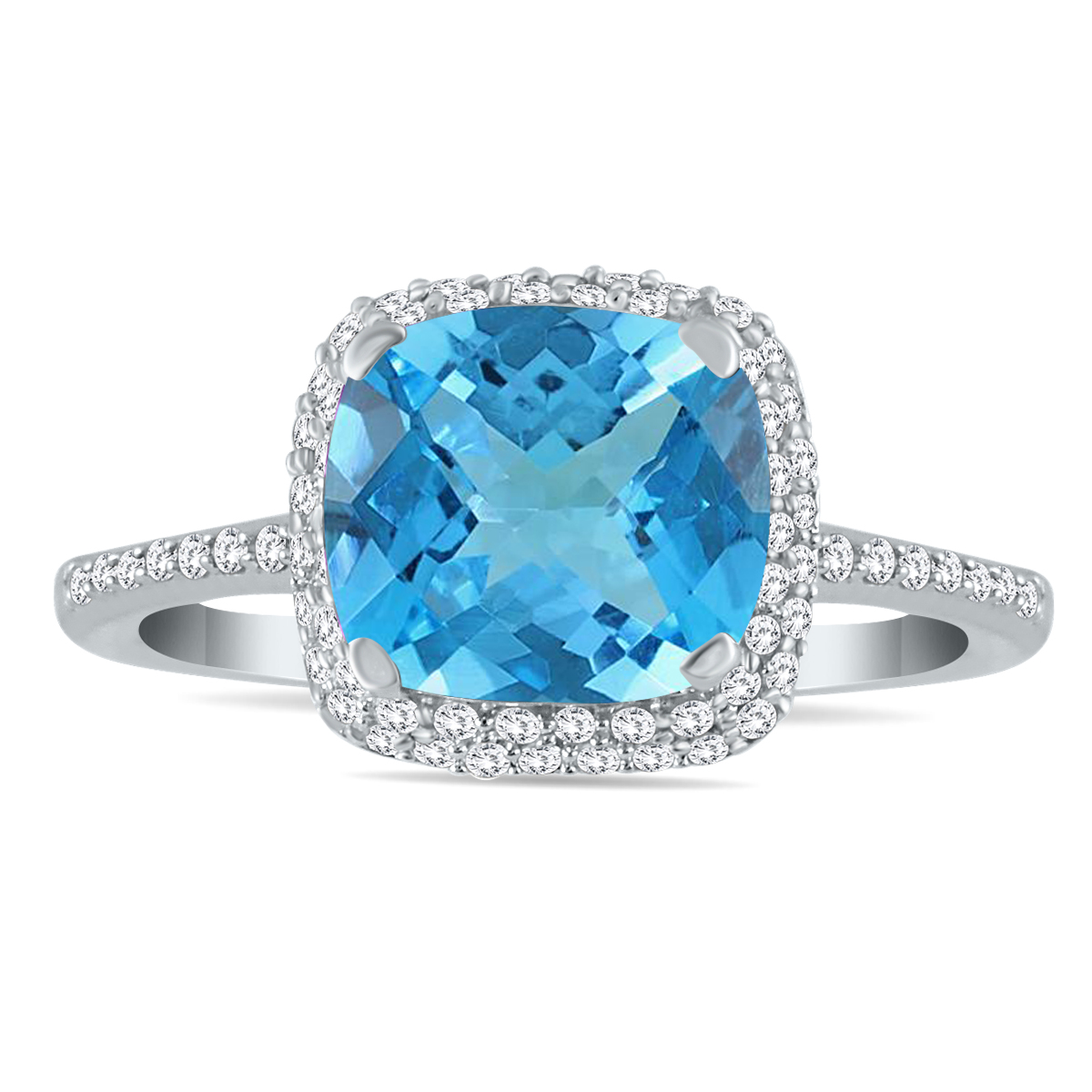 Cushion Cut Blue Topaz and Diamond Halo Ring in 10K White Gold