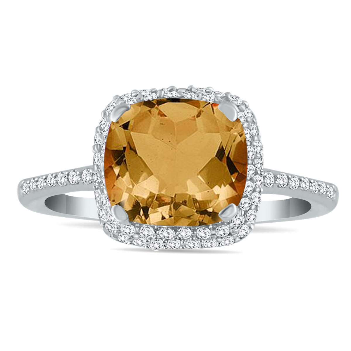 Cushion Cut Citrine and Diamond Halo Ring in 10K White Gold