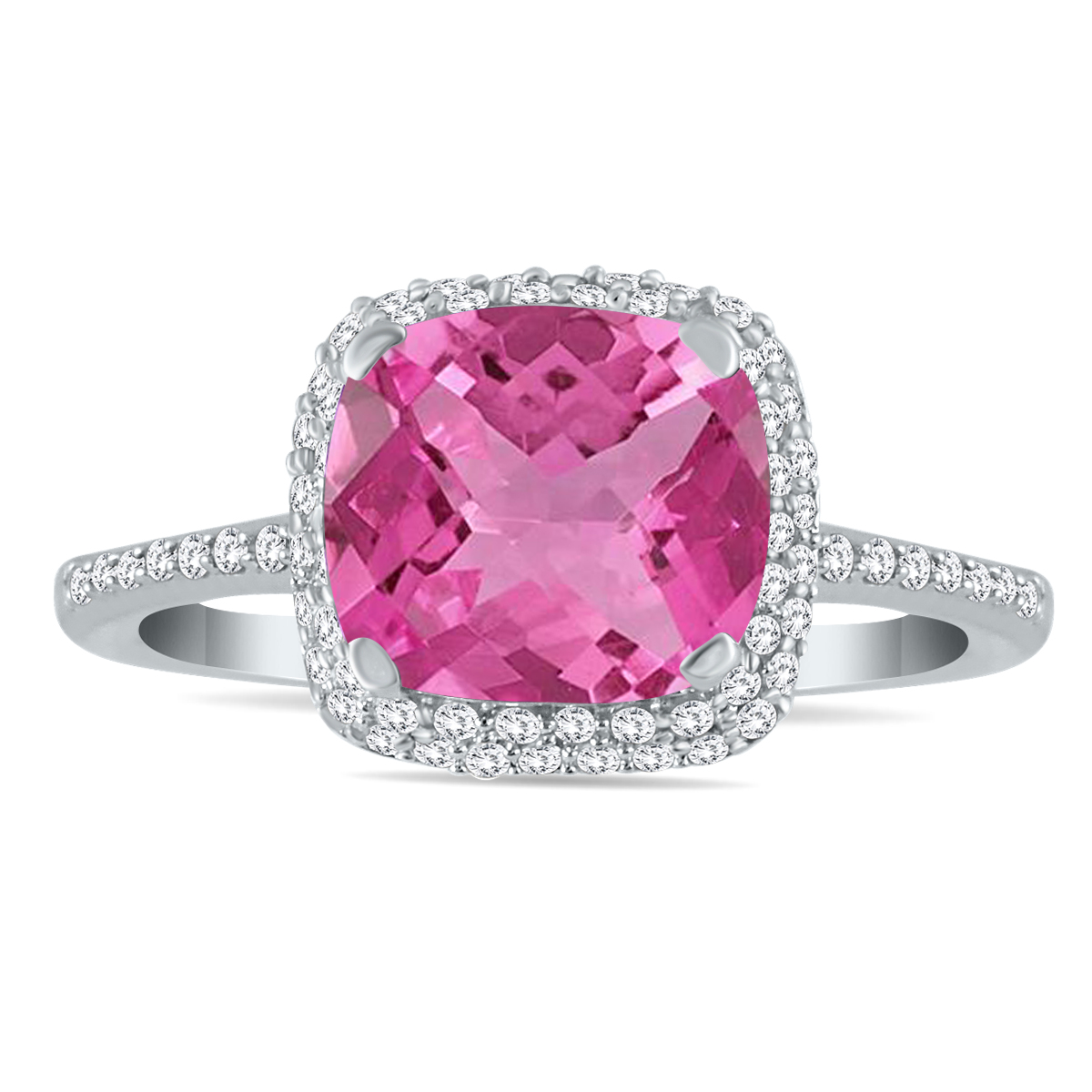 Cushion Cut Pink Topaz and Diamond Halo Ring in 10K White Gold