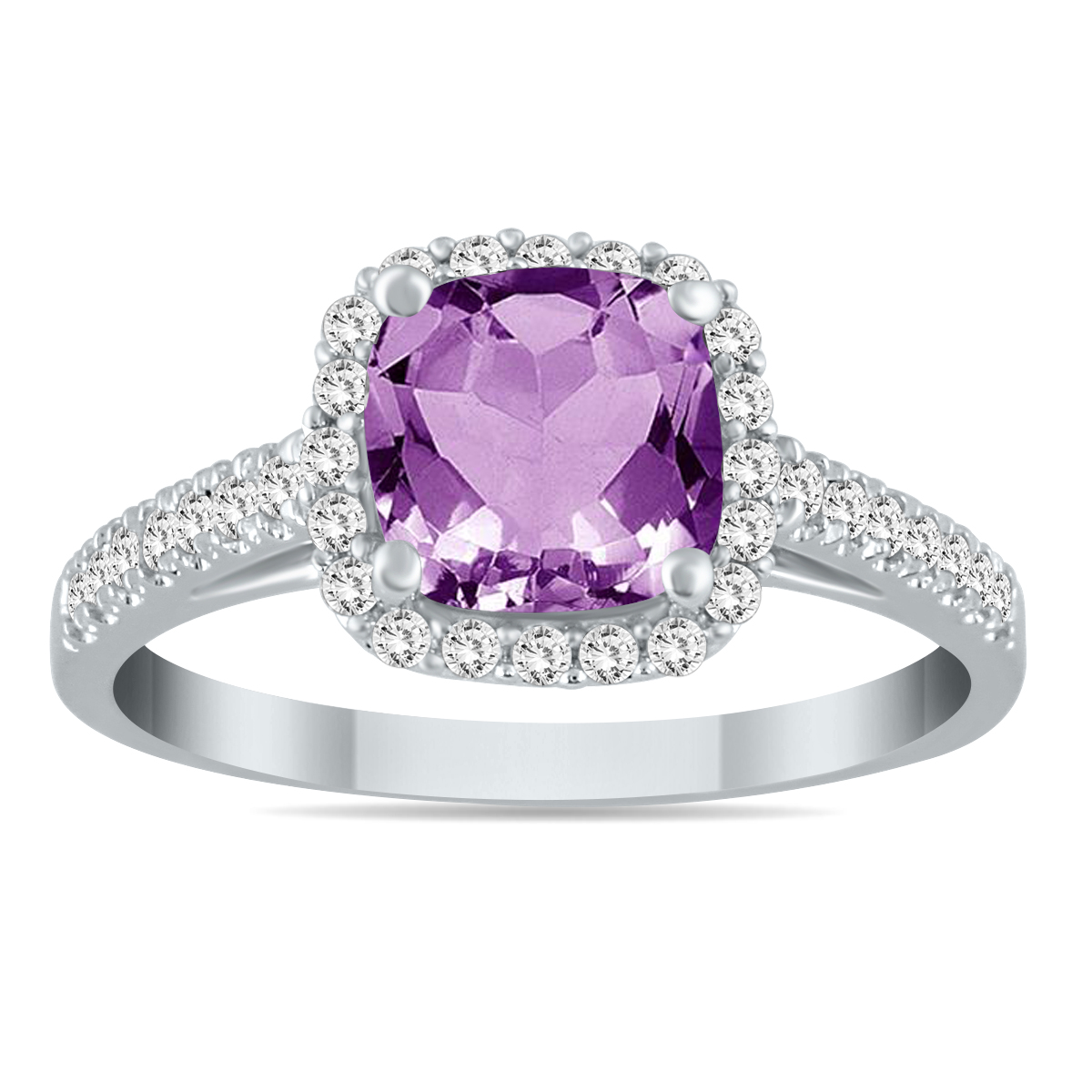 5MM Cushion Cut Amethyst and Diamond Halo Ring in 10K White Gold